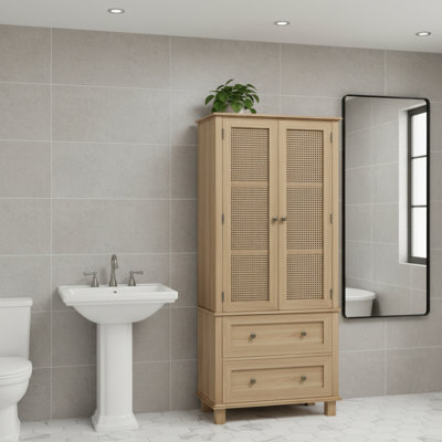 Armoire de rangement en chêne et rotin à deux tiroirs et porte en lin
