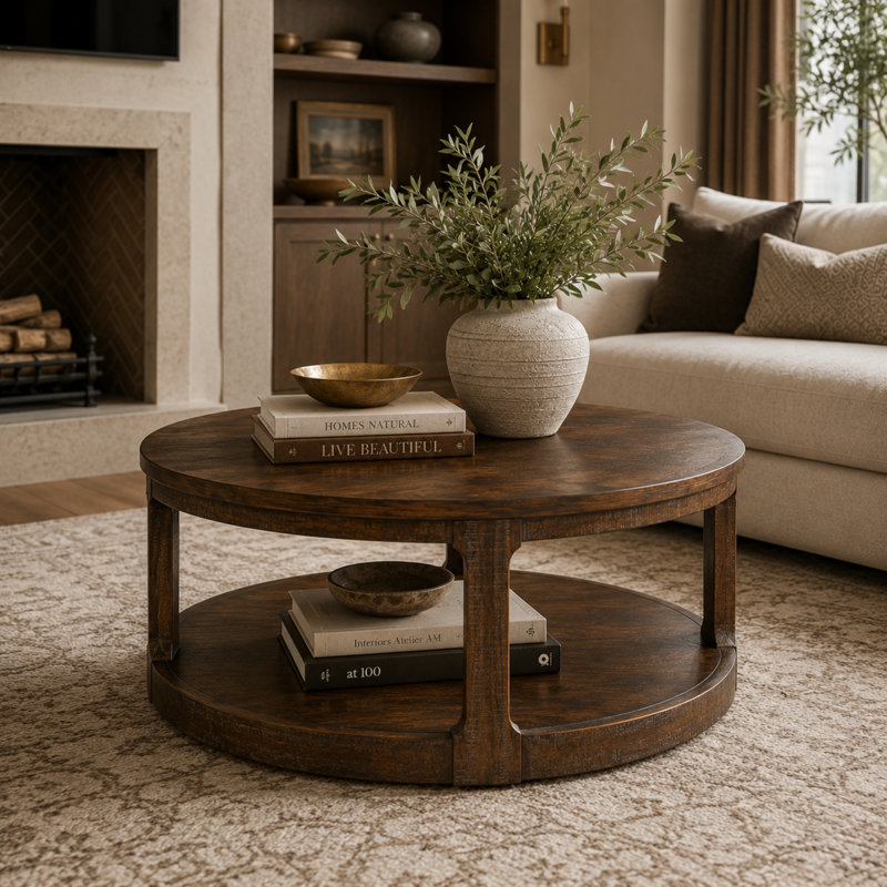 Caston 40" Round Transitional Coffee Table with Lower Storage Shelf and Casters, Marron foncé