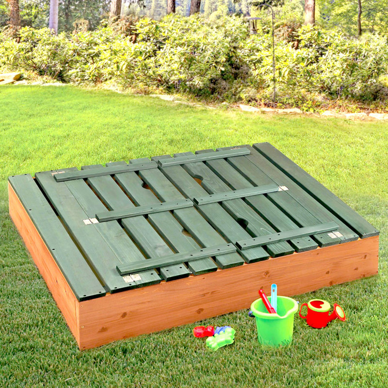 Natural Green Cedar Wood Square Sandbox with Convertible Bench Seats
