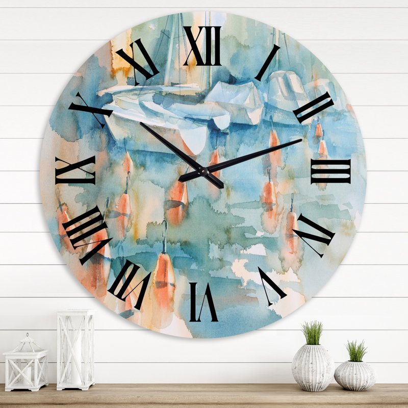 Bateaux et bouées à Blue Pastel Harbor - Horloge murale traditionnelle, Grand