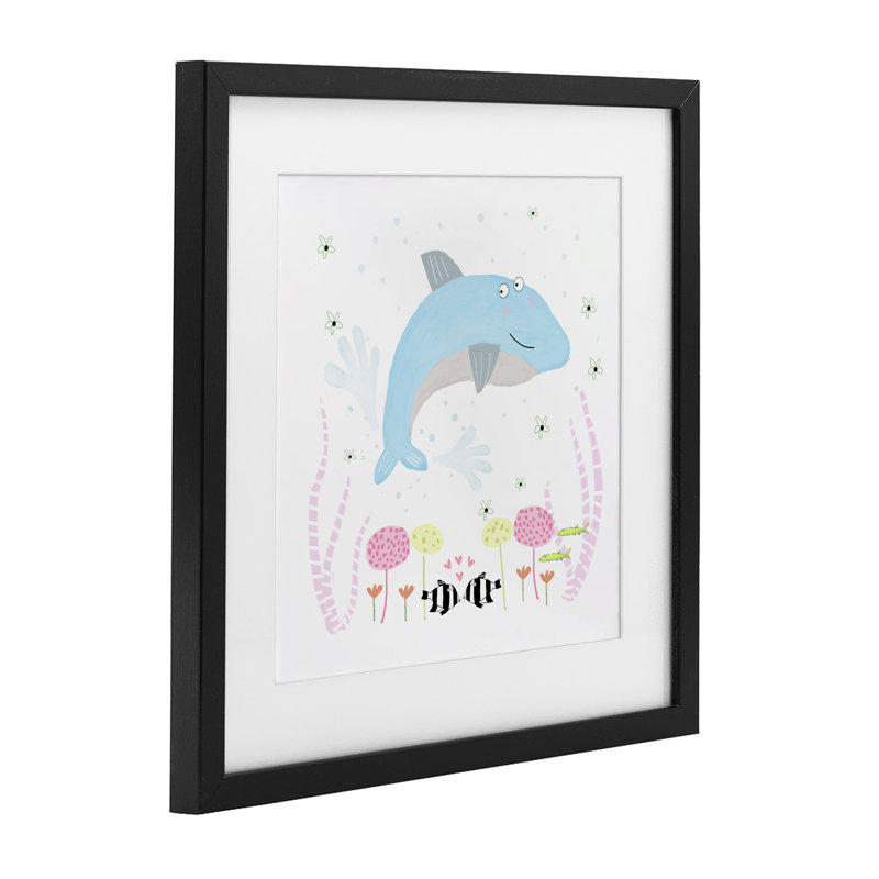 «Baby Dolphin & Flowers», reproduction encadrée sous verre, design par Carla Daly, H 13 po x l 13 po, Cadre noir minuit