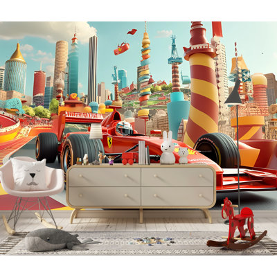 Formula 1 Race Car Wallpaper – Dynamic Urban Track Scene Mural, Vibrant Motorsport Art For Kids’ Rooms, Playrooms, Or Game Rooms, Colorful Modern Cityscape