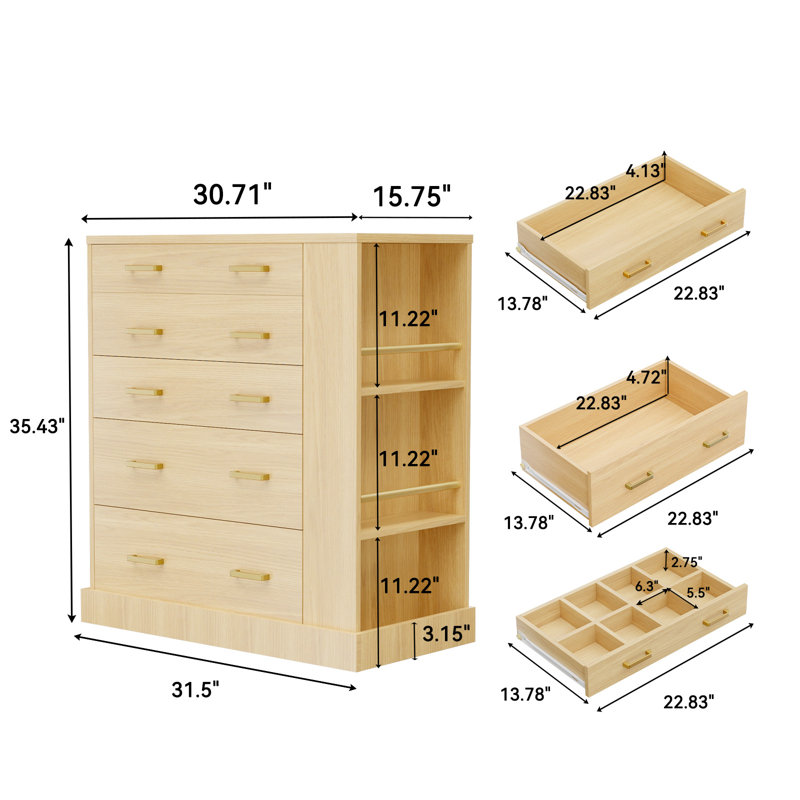  30.71W” Drawer Dresser & Wardrobe Closet, Modern Chests of 5 Drawers with Led Light, Tempered Glass Top, Open Storage And Jewelry Organizer for Bedroom & Wardrobe Closet Island, Natural