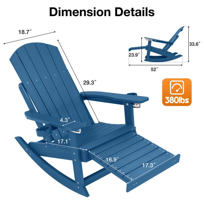 Outdoor Adirondack Rocking Chair With Retractable Ottoman HIPS All Weather Oversized Plastic Patio Rocker Chair, Navy