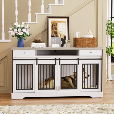 Très grande armoire pour chien avec cage de 66 po, cage de bout avec tiroirs, table de bout, blanc / gris
