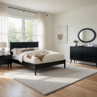 Ensemble de chambre avec grand lit 4 pièces Leyla, commode avec miroir ovale, bois noir