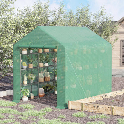 Walk-In Greenhouse With Roll-Up Zipper Door, 18 Shelves, PE Cover, Small & Portable Build, Heavy Duty Humidity Seal