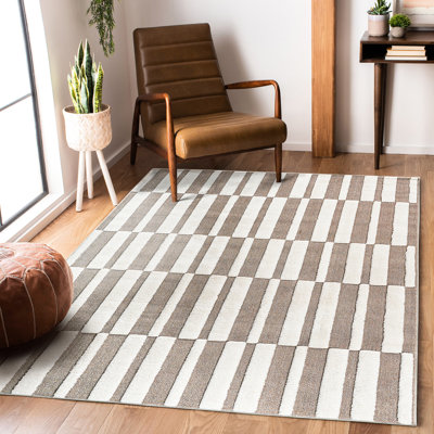 Tapis beige / crème de 7 pi 9 po x 10 pi, design contemporain bohémien, velours, ne perdant pas ses poils, tache et décoloration, motif géométrique intérieur rayé pour animaux de compagnie, pour chambre à coucher, cuisine, salon, envers en jute,