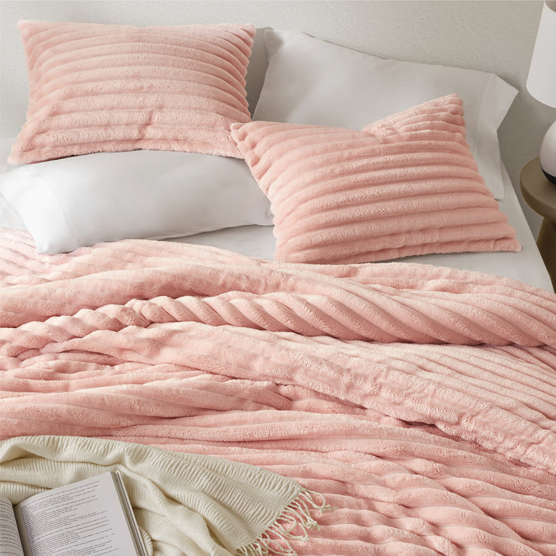 Avril Fluffy Ribbed Plush Comforter Set, Full Comforter + 2 Standard Shams, Pink