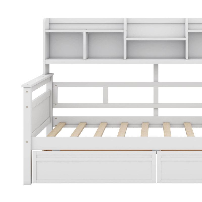 Lit de jour, support en lattes de bois, avec tablette de chevet et deux tiroirs, Lit simple, Blanc