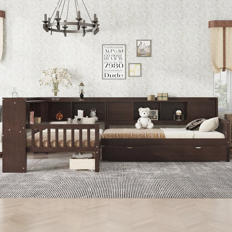 Lit plateforme en L simple avec lit gigogne, Espresso