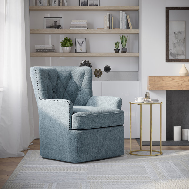 Ines 30'' Wide Tufted Swivel Armchair, Blue 