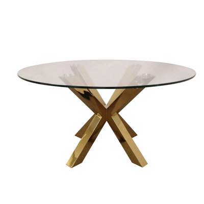  54" Clear and Gold Glass and Metal Cross Leg Base Round Top Dining Table