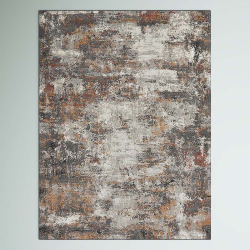 Abstract Machine Made Power Loom Polyester/Polypropylene Area Rug in Gray/Ivory/Golden Beige, Rectangle 5'3" x 7'3"