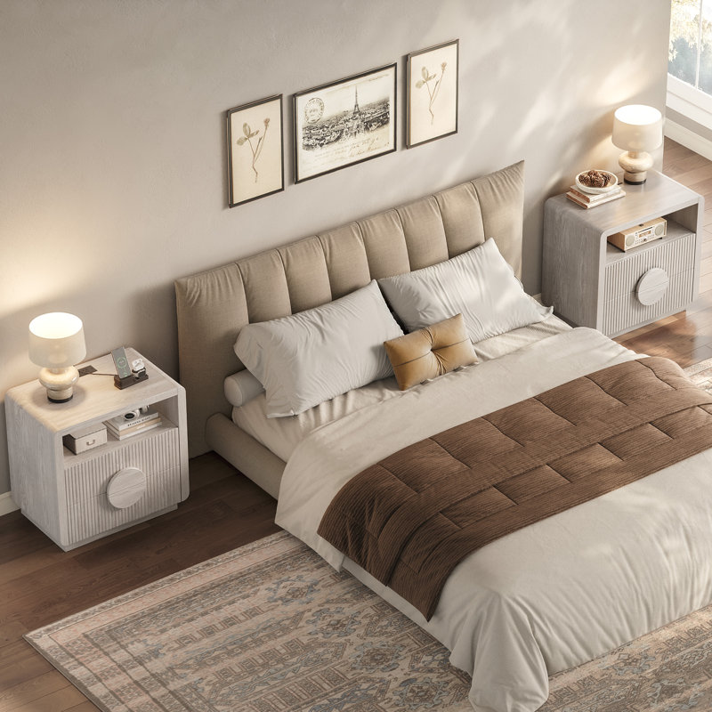 23" H 2-Drawer Nightstand Openwork Side Table With Charging Station, Slatted Panel Design & Open Shelf, Curved Profile End Table For Bedroom, Living Room, Sofa And Office (Set Of 2)