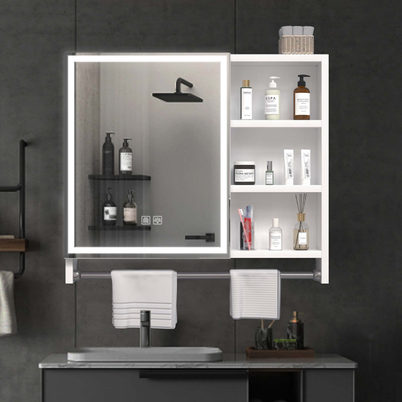 Armoires de salle de bain modernes en aluminium 32 X 28 pouces, armoires à pharmacie avec miroirs et lumières DEL, casiers de salle de bain avec compartiments de rangement à plusieurs niveaux et porte-serviettes