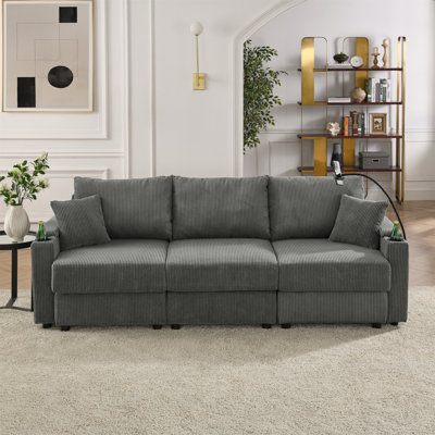 Canapé moderne à 3 places avec rangement, canapé à siège profond avec porte-gobelets et ports de recharge pour téléphone, canapé en velours côtelé beige pour le salon, gris