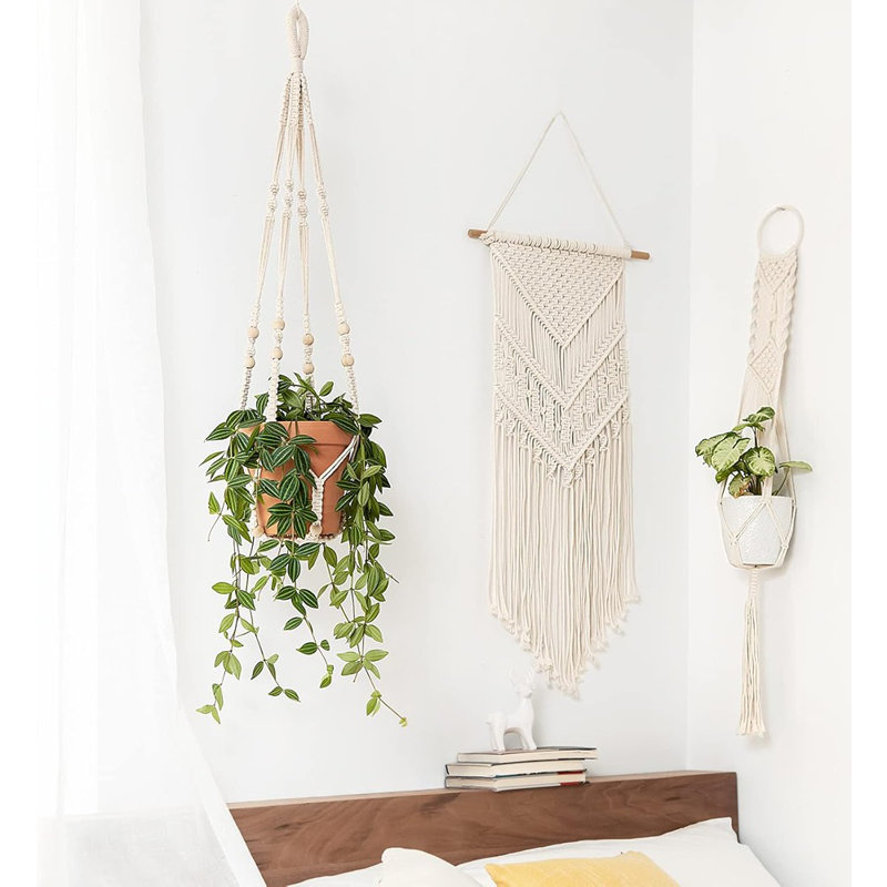 Macrame Plant Hanger Indoor Hanging Planter Basket With Wood Beads Decorative Flower Pot Holder No Tassels For Indoor Outdoor Boho Home Decor 35 Inch, Ivory, Set Of 1 (pots Not Included)