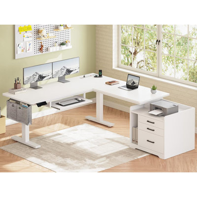 L Shaped Electric Standing Desk With File Cabine Adjustable Height Desk