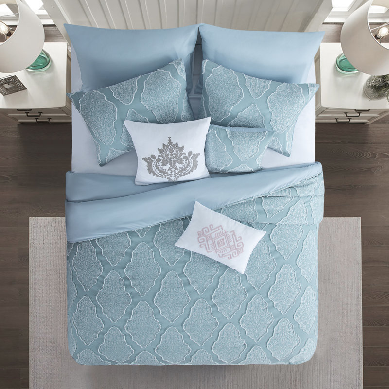 Ensemble d'édredon damassé en microfibre Suniya, Édredon de grande taille et 5 pièces supplément, Vert clair