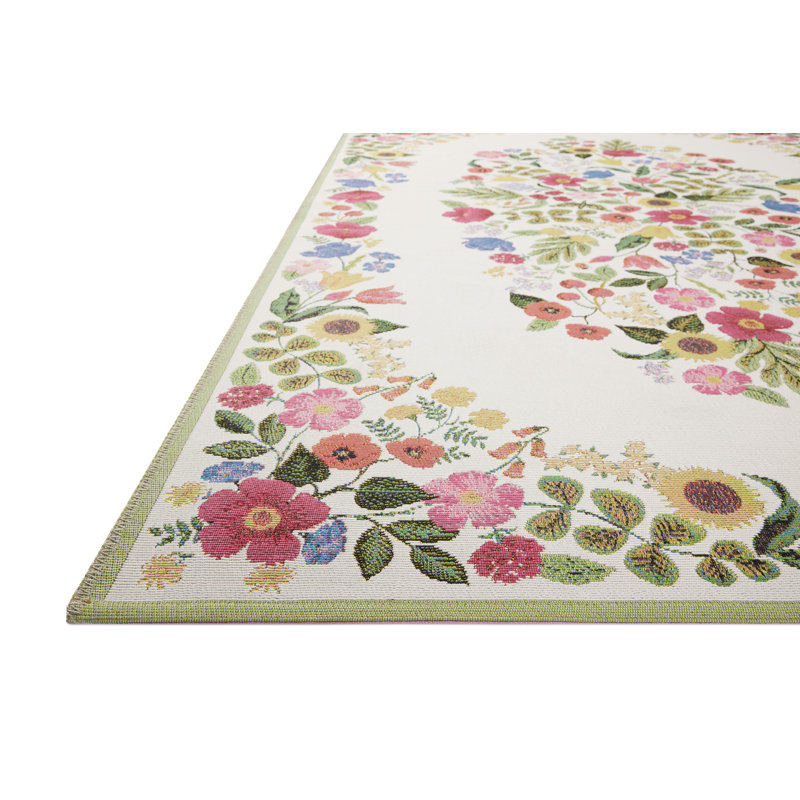 Cream Floral Wool and Synthetic Indoor/Outdoor Area Rug 6'-7" x 9'-4"