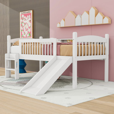 Wood Loft Bed With Storage Shelves, LED Lights And Slide