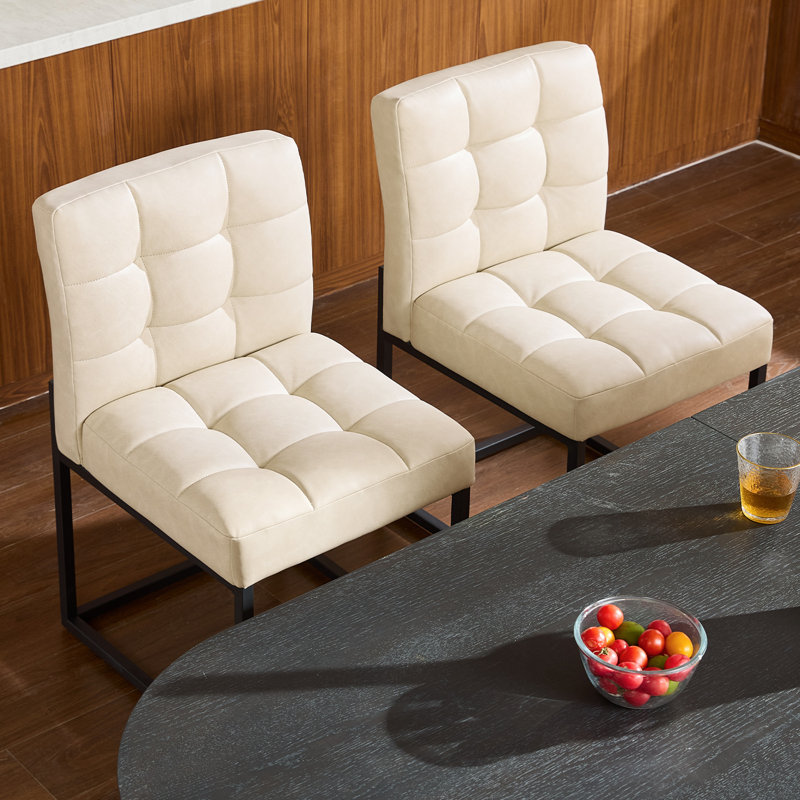 Beige Faux Leather Dining Chairs , Mid-Century Modern Dining Room Chairs with Armless, Checkered Kitchen Chair with Metal Legs