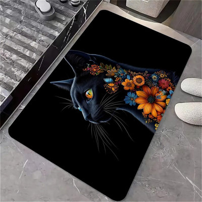 Tapis de bain en terre de diatomées, fleurs, chat, antidérapant, volume, super absorbant, séchage rapide, écologique, facile à nettoyer pour la salle de bain, tapis de porte 16 x 24 pouces (40 x 60 cm)