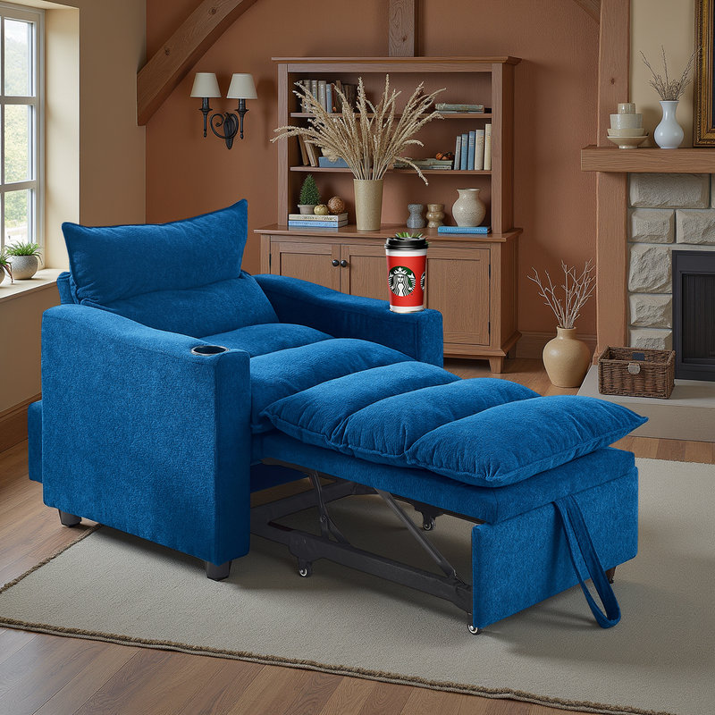 3-in-1 Convertible Velvet Chaise Lounge,Recliner Sofa Chair, Blue