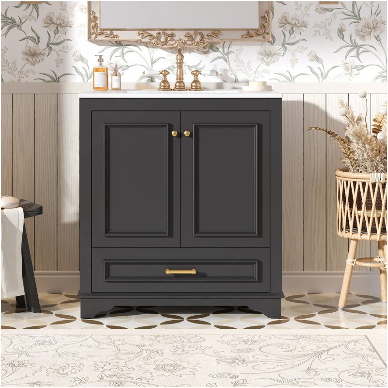 Meuble-lavabo de luxe 30 po avec lavabo en céramique, meuble-lavabo avec 2 grandes portes à fermeture douce, meuble de rangement en bois