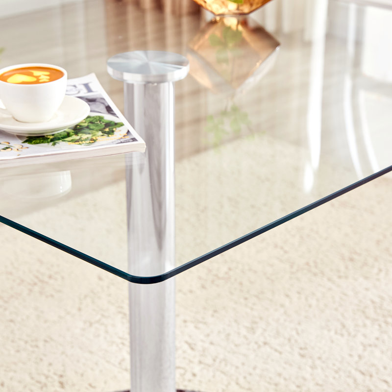 Table de salle à manger 38,5 pouces moderne minimaliste carrée en verre avec base en métal à une colonne. Disponible en noir, or ou argent. Table de salle à manger à domicile. Convient pour 2 à 4 personnes.