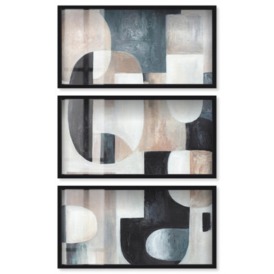 Interwoven I - Ira Comleva, reproduction abstraite grand format en trois parties, encadrée sous verre par Art Remedy, cadre noir, 44 x 22 pouces