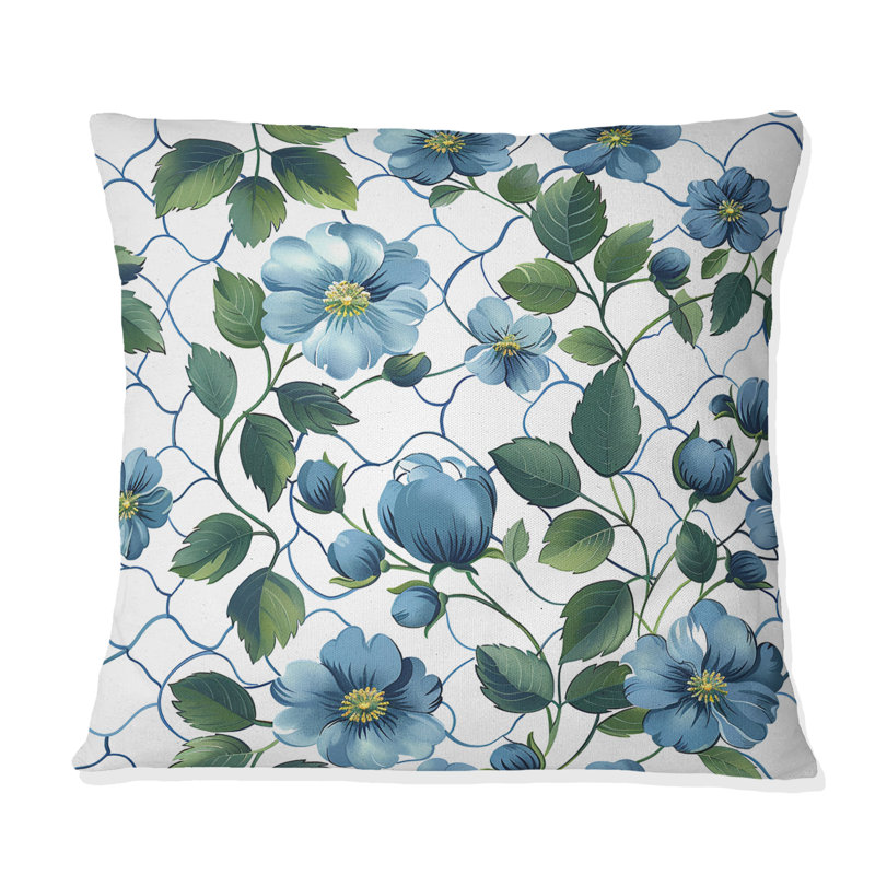 Coussin décoratif floral bleu à motif de treillis IV, H 16 po x l 16 po