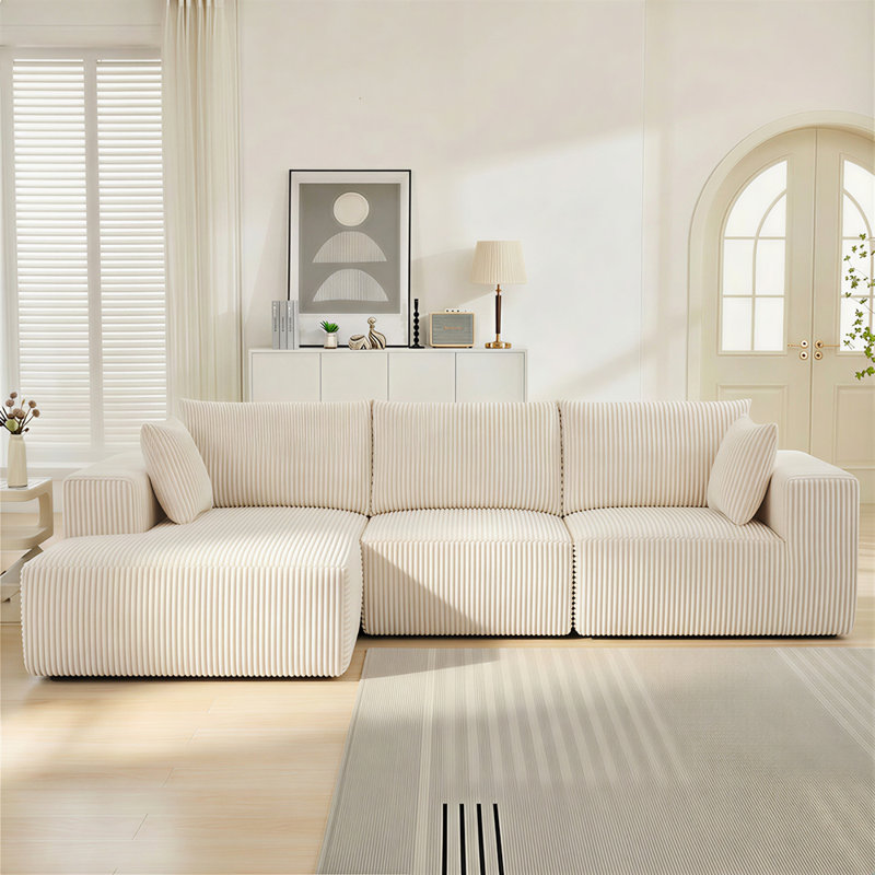 Canapé modulaire moderne en L avec méridienne, Velours côtelé beige