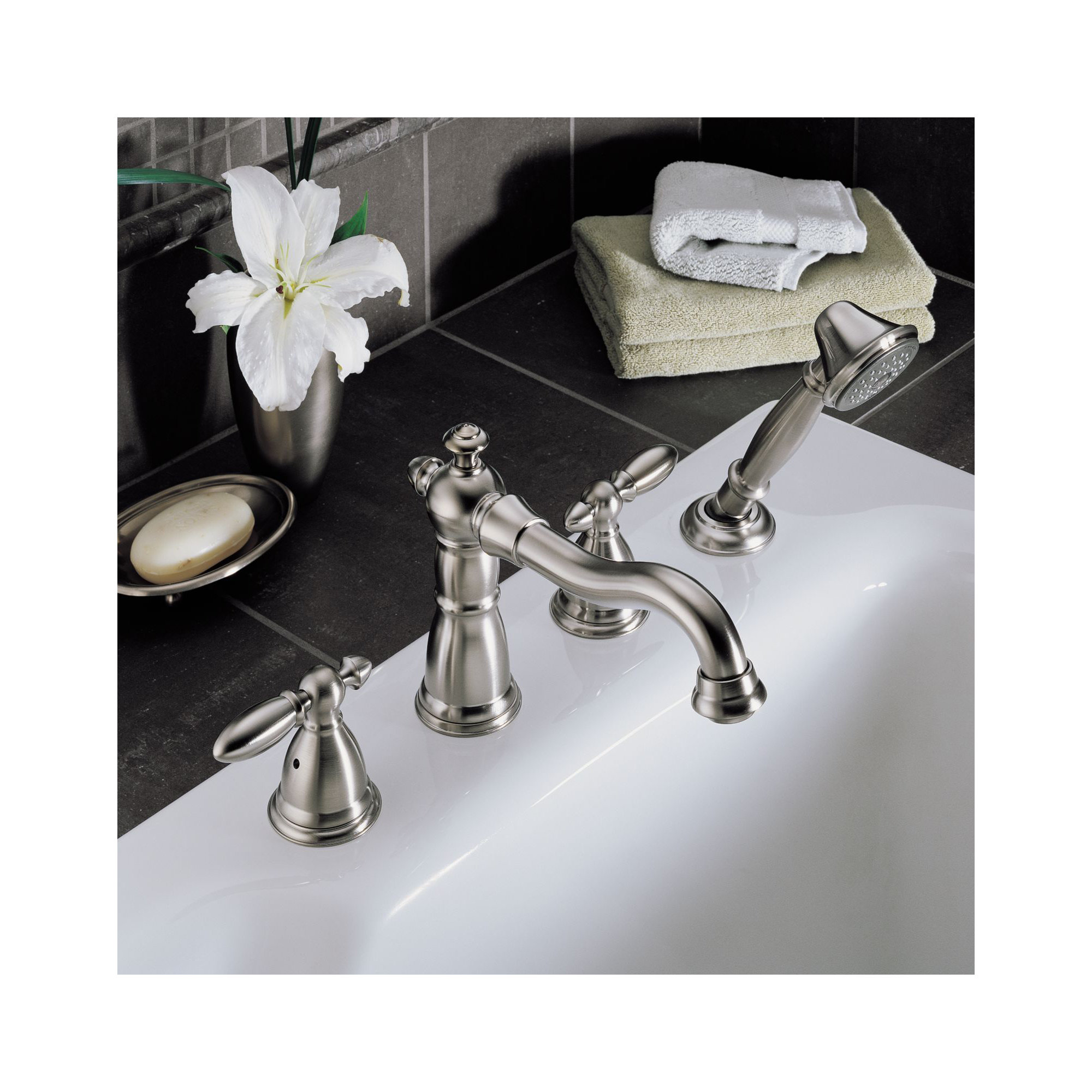 Victorian Deck Mounted Roman Tub Faucet Trim with Handshower, Brilliance Stainless
