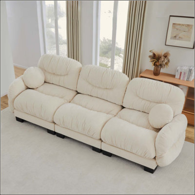 Pleated Design Cozy Chenille Fabric 3 Seater Modular Sofa with High-Density Ergonomic Foam Seat, Curved Round Armrests and 2 Round Throw Pillows