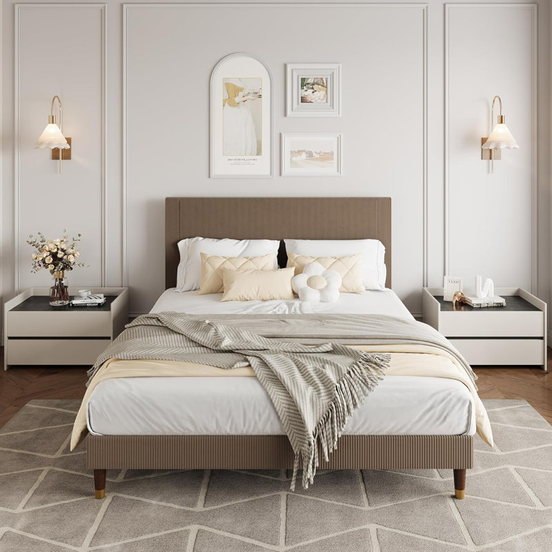 Queen Upholstered Platform Bed Frame, Fabric Headboard, Metal Frame with Wooden Slats, Modern Bedroom Use ,Brown, Brown