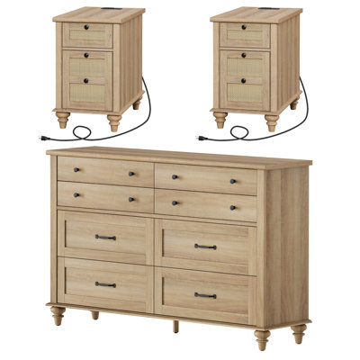 Scarlett 3 Piece Bedroom Set - Includes Farmhouse 8 Drawer Dresser, Set Of 2 Rattan End Tables With Charging Station, 3 Piece Dresser And Nightstand Sets, Oak