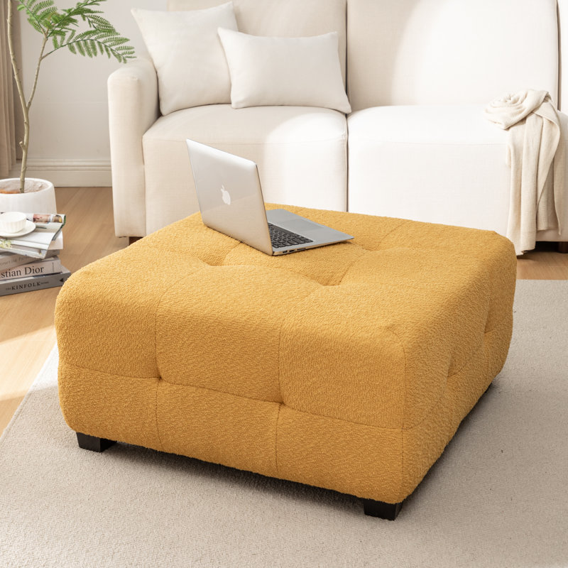 Ashyiah 32'' Wide Upholstered Tufted Ottoman, Yellow Boucle