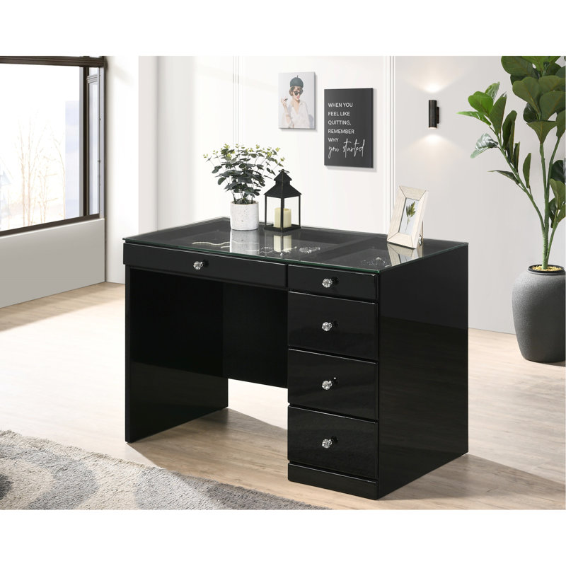 Meuble-lavabo noir 2 pièces avec 5 tiroirs, miroir lumineux à DEL, cristal, plateau en verre trempé de 8 mm, pour miroir et présentation de mobilier de chambre contemporain