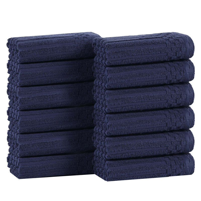 Juras Soho Cotton Ribbed Checkered Border Medium Weight Washcloths Face Towels, Navy Blue
