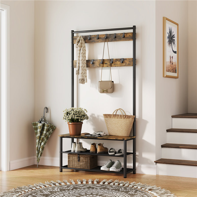 Keiveon 33.5" Wide Metal Hall Tree with Shoe Storage & Bench & Movable Hooks, Rustic Brown