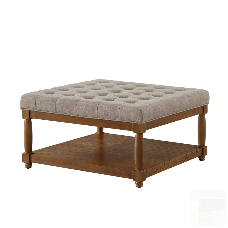 Grande table basse avec repose-pieds carré rembourré en lin capitonné avec tablette en bois massif, parfaite pour un usage domestique et commercial