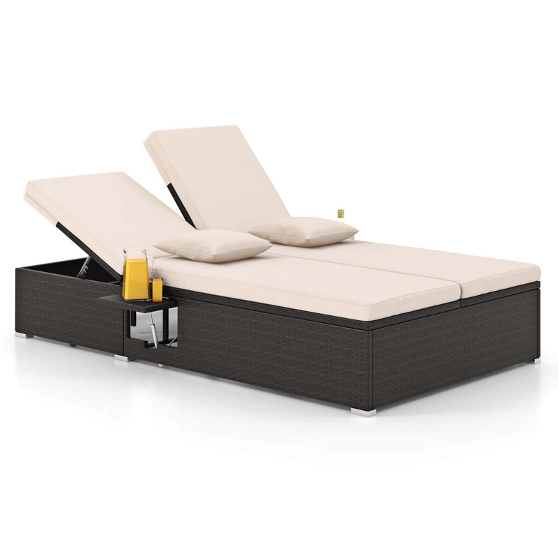 Outdoor Patio Daybed PE Wicker Double Chaise Lounge with Adjustable Backrests, Beige