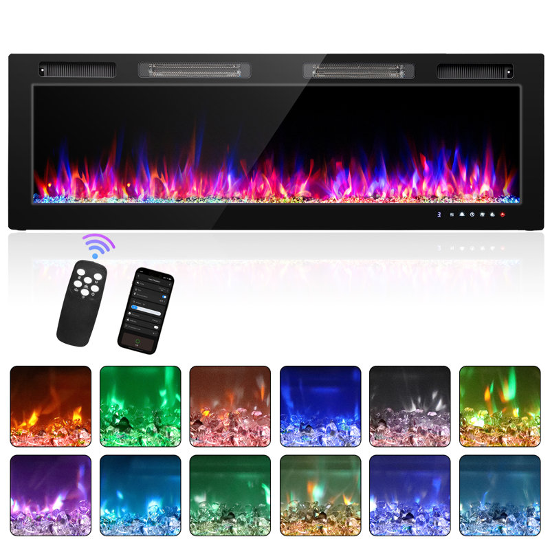 Wall Mounted Electric Fireplace With 12 Flame Colors And Wifi Function In Black, 18.5" H x 60" H x 4.1" D