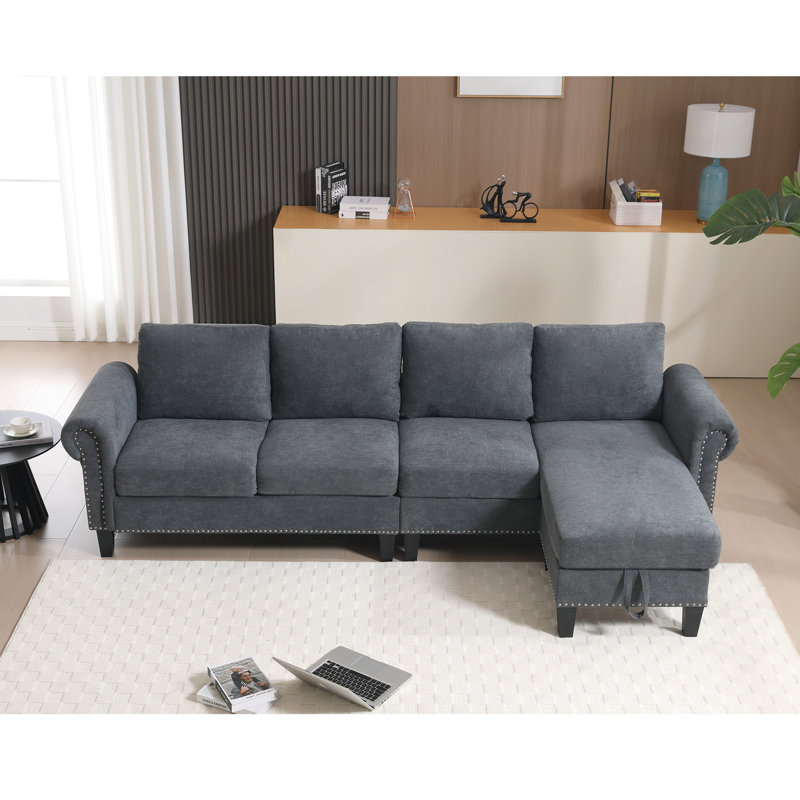 Canapé modulaire gris avec rangement, 4, convertible, tissu en lin, structure en bois avec 4 rangements, tissu moderne, Gris