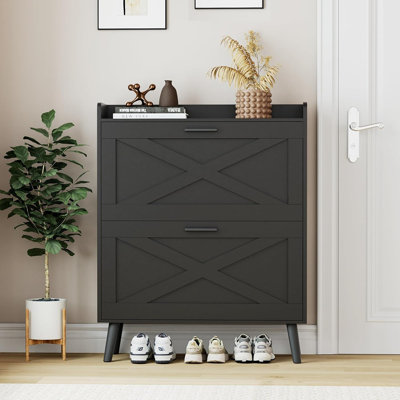Armoire de rangement pour chaussures avec 2 tiroirs rabattables, porte de grange, tablettes réglables, étagère à chaussures étroite et étroite, armoire de rangement dissimulée pour vestibule, couloir, salon, noir