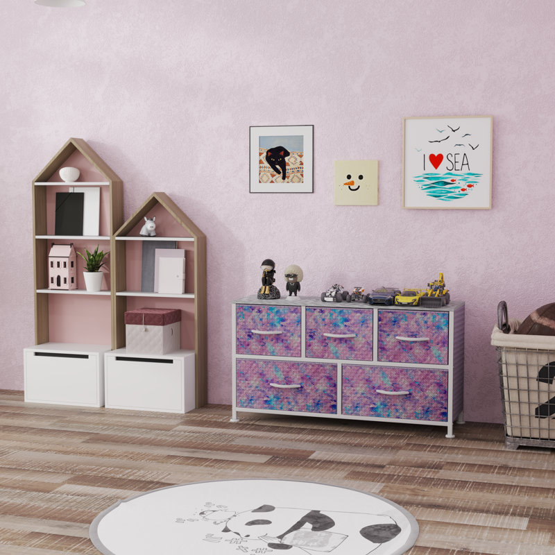 Kathiria 39.4"W 5 Drawer Small Dresser, Kid Dresser, Pink/Purple/White