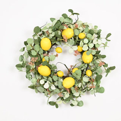 22" Artificial Farmhouse Spring Summer Blossom Cluster Greenery Eucalyptus Lemon Fruit Front Door Wreath