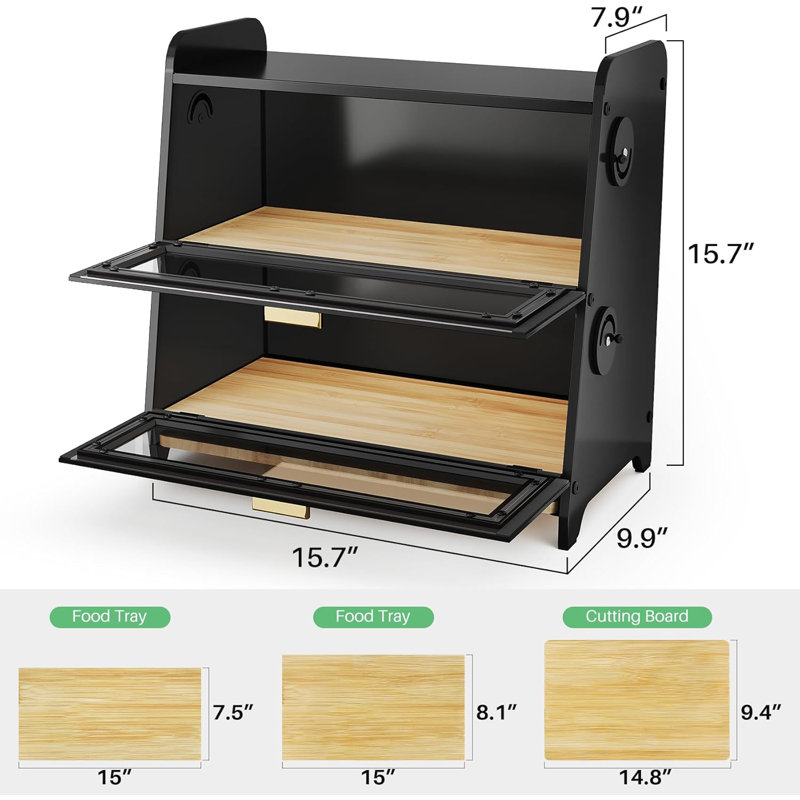 Kitchen Countertop Bread Storage Container With Bamboo Cutting Board, Adjustable Vent Hole Dials, Black